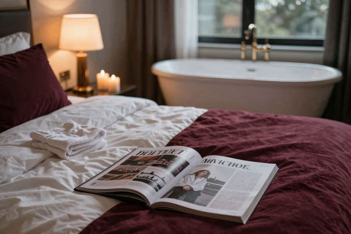 Chambre intime avec lit en lin, bougies et baignoire privative