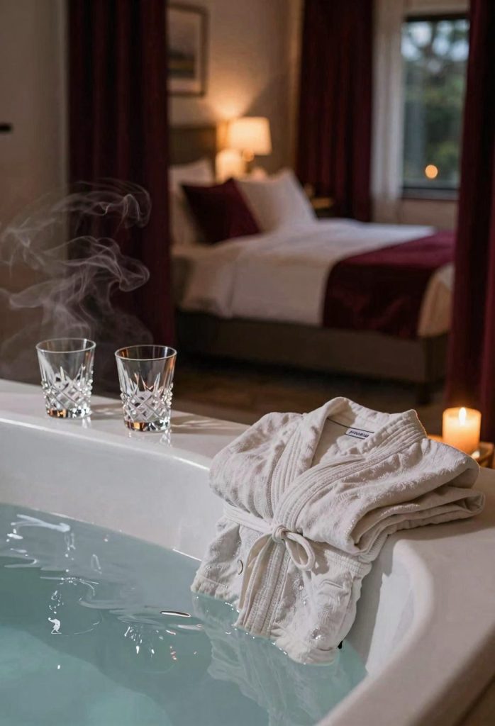 Love room définition avec jacuzzi privatif, lumière tamisée et ambiance romantique