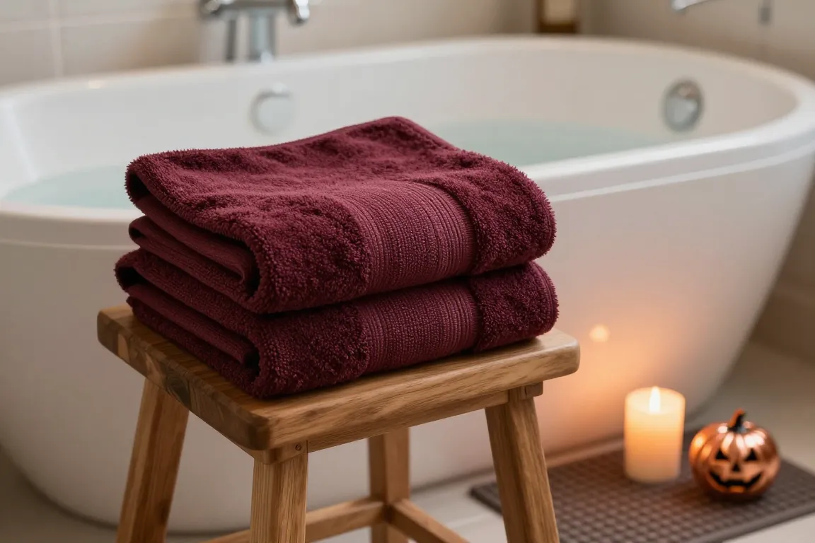Salle de bain préparée pour un bain romantique avec peignoirs, bougie LED et détail cuivré
