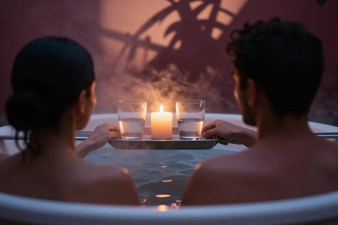 Couple européen de dos partageant un bain romantique dans une lumière ambrée