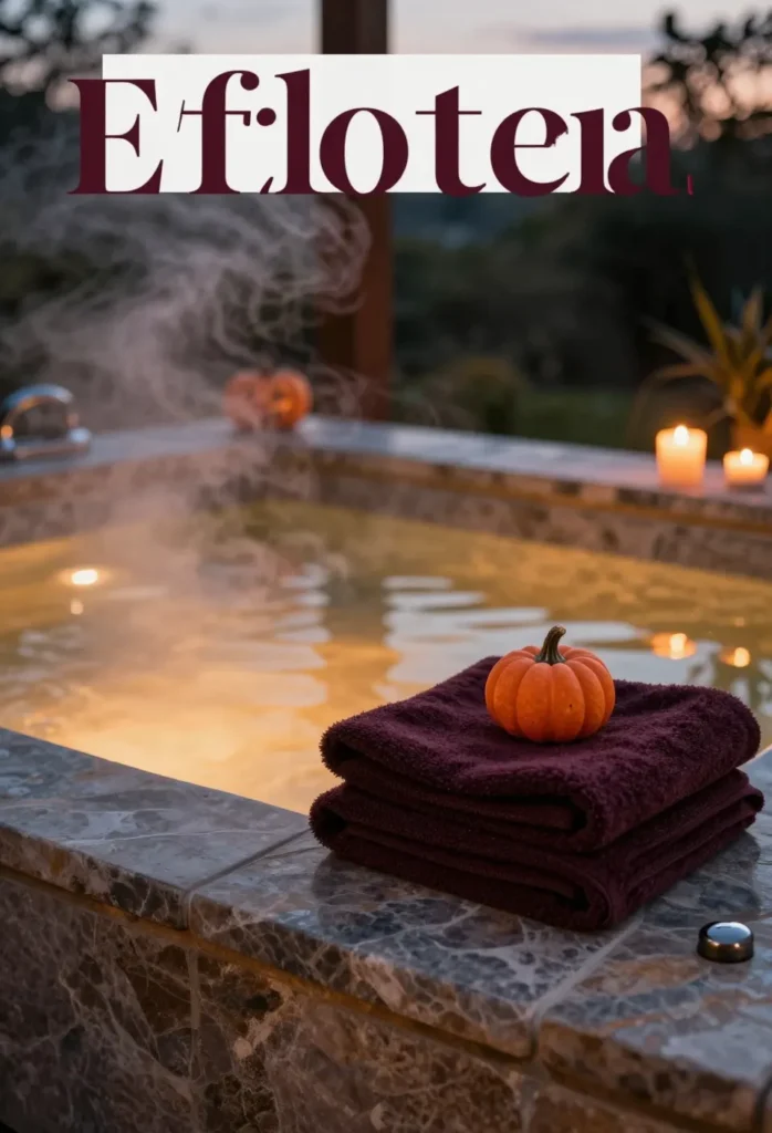 Bain romantique dans une salle de bain éclairée aux bougies, avec serviettes et détails d’Halloween