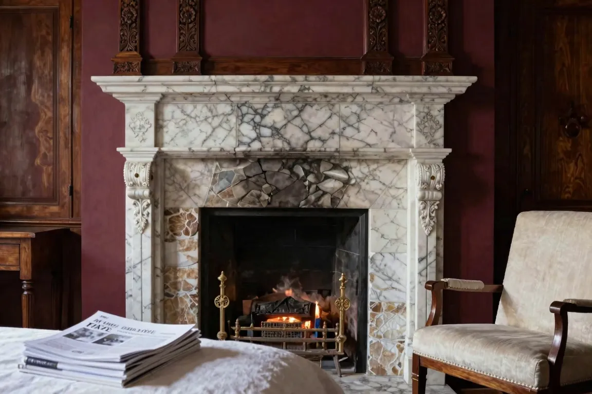 Chambre avec cheminée ancienne, marbre, pierres apparentes et fauteuil de lecture