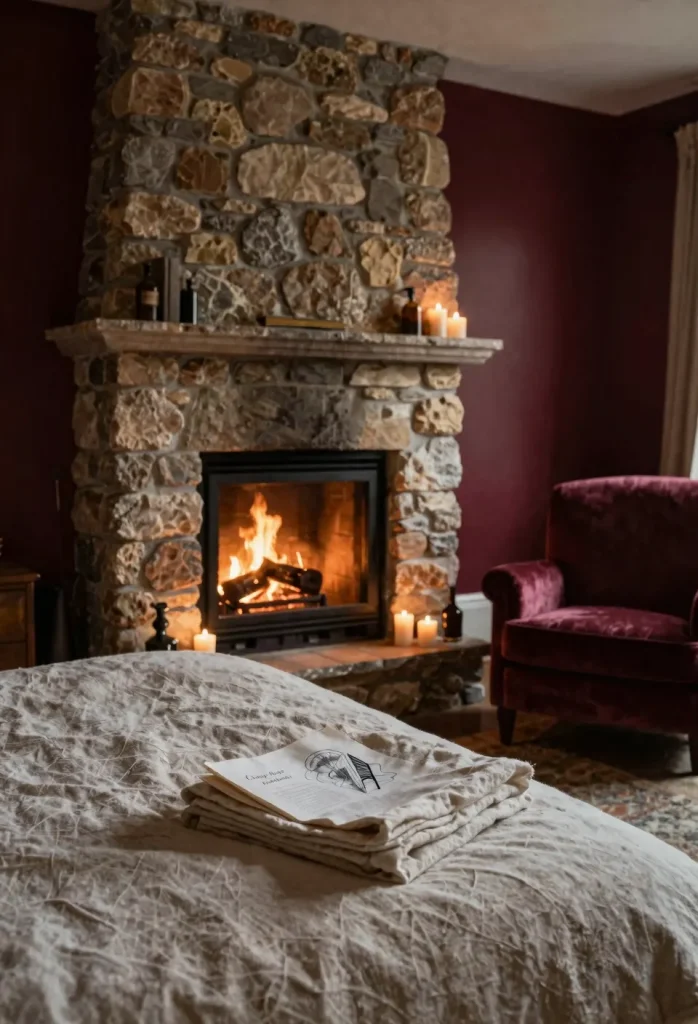 Chambre avec cheminée ancienne dans une chambre romantique, fauteuil et feu doux