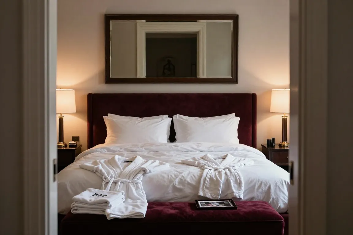 Chambre romantique avec miroir au plafond et éclairage tamisé