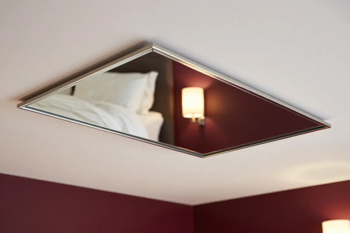 Détail d’un miroir plafond chambre couple avec fixation soignée et éclairage doux