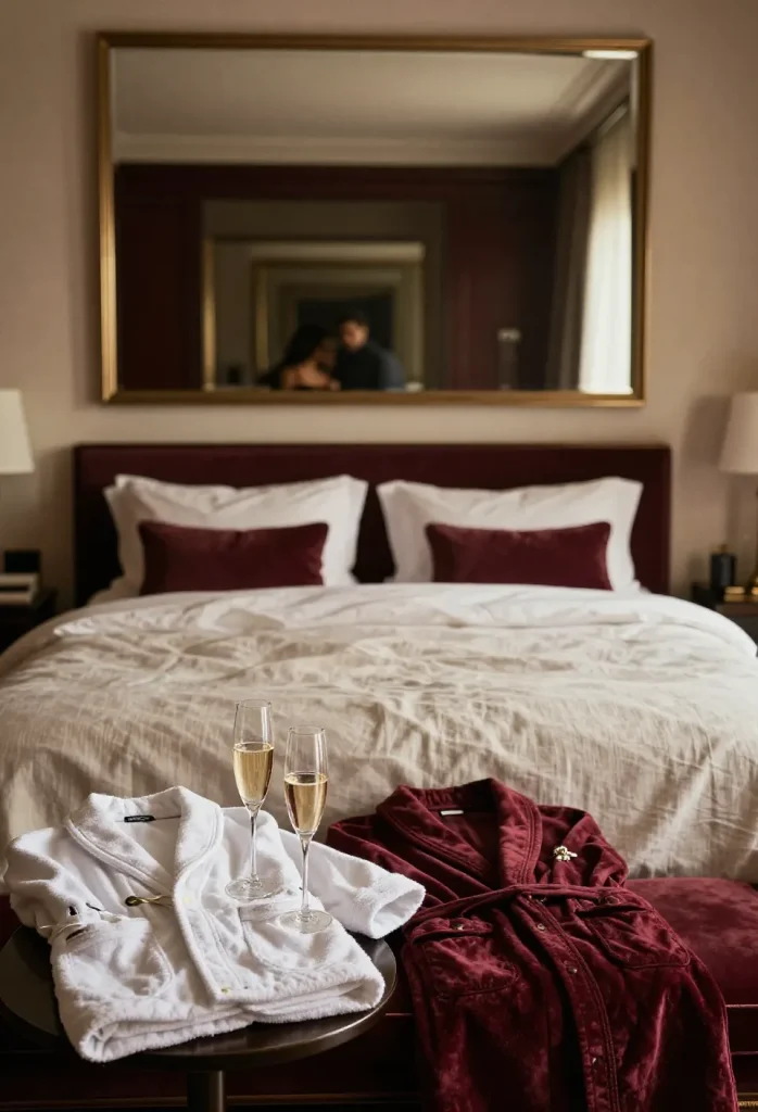 Chambre avec miroir au plafond au-dessus d’un lit, lumière chaude et décor romantique