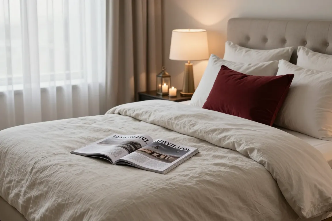Chambre romantique chic avec linge clair, tête de lit, voilages et lumière tamisée
