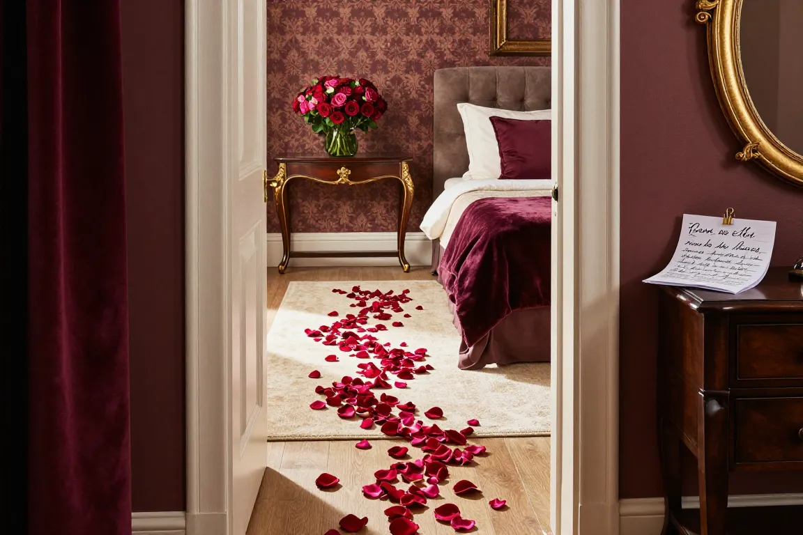 Déco chambre romantique avec chemin de pétales, bouquet, miroir doré et textiles doux