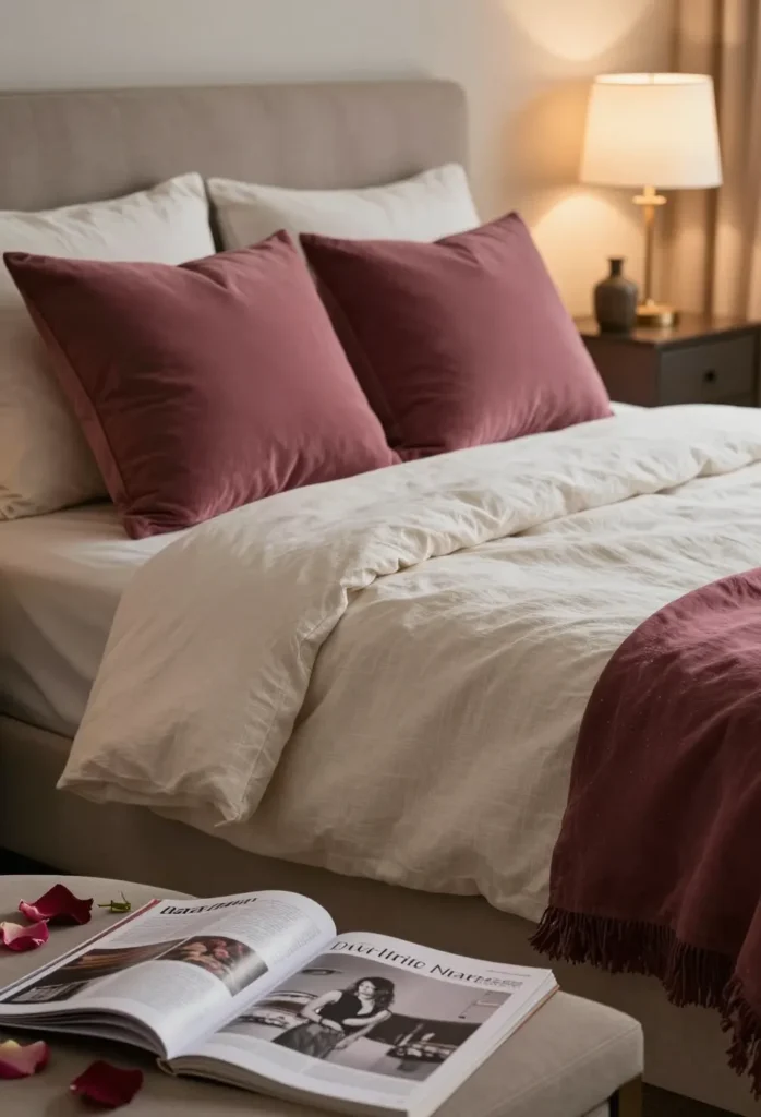 Décoration chambre romantique avec lit en lin, lumière douce, pétales et bouquet