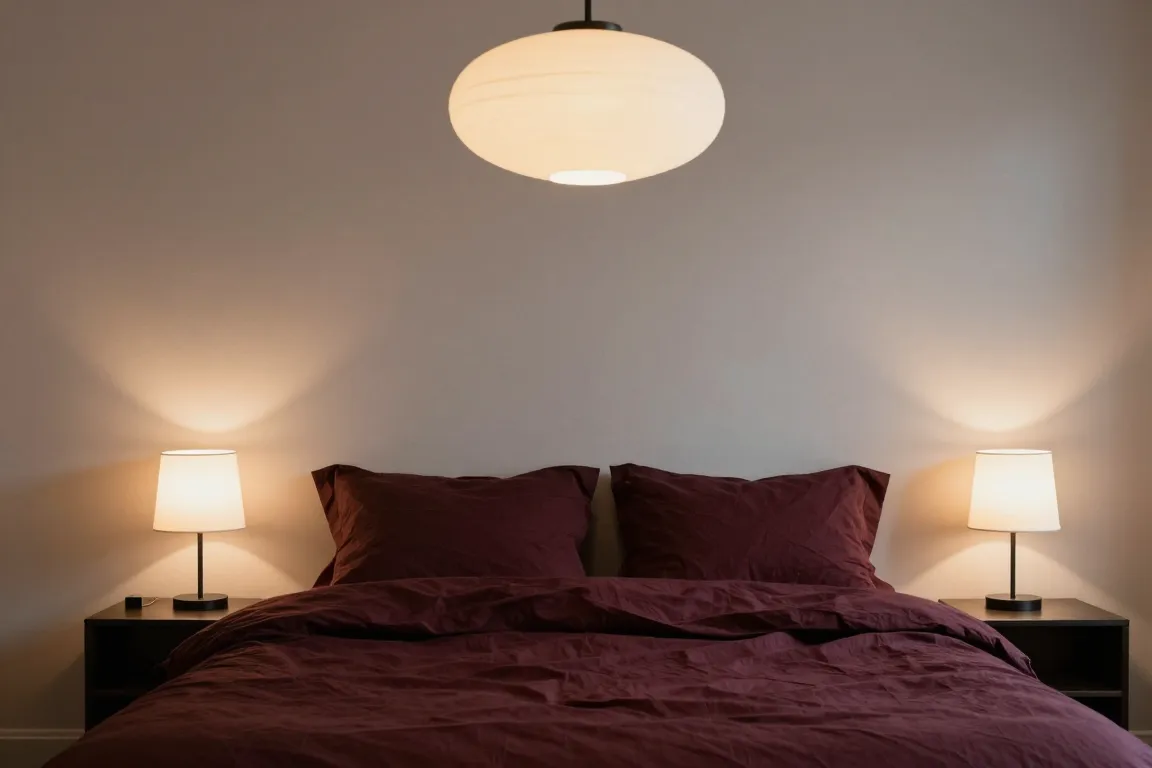 Éclairage chambre romantique composé de plusieurs sources douces autour d’un lit aux draps froissés