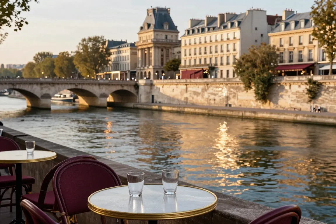 Escapade romantique en France sur les quais de Seine au coucher du soleil