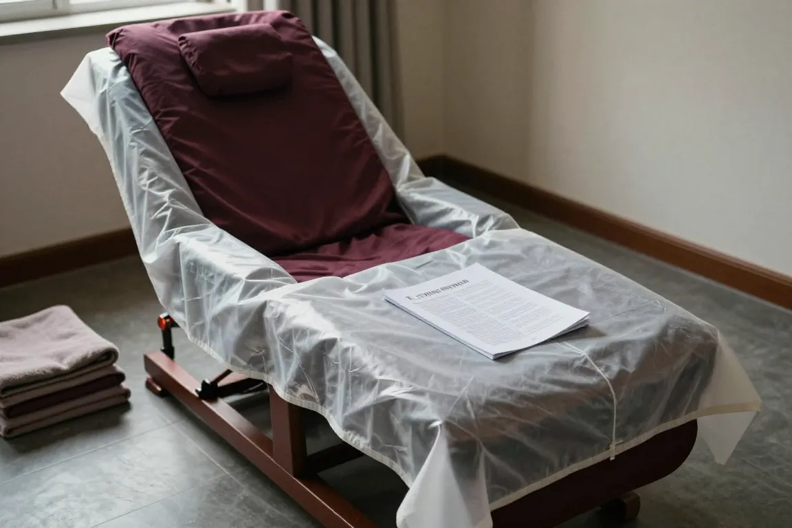 Préparer un fauteuil tantra avec une protection lavable et des coussins dans une chambre élégante