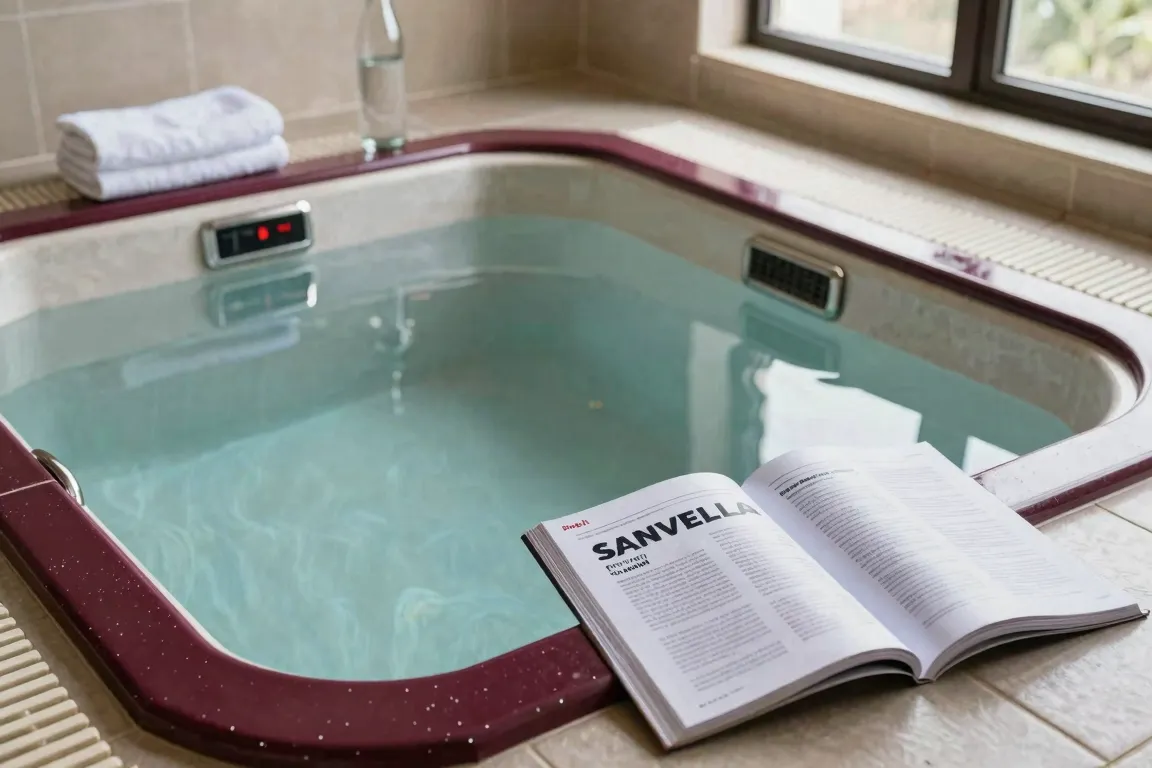 Préparation d’un jacuzzi à deux avec serviette, eau claire et bouteille d’eau