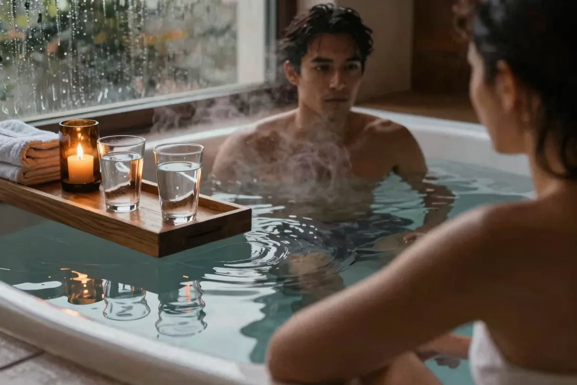 Spa à deux avec eau fumante, verres d’eau et serviettes pendant une pause
