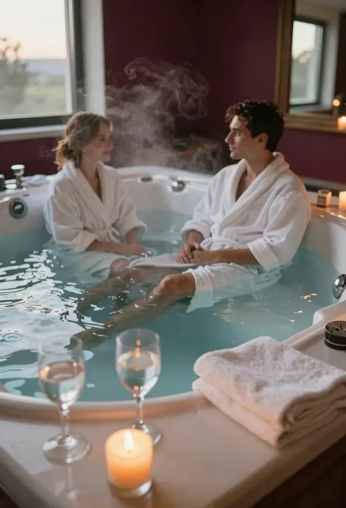 Jacuzzi à deux dans une chambre privative, eau fumante, peignoirs pliés et lumière chaleureuse