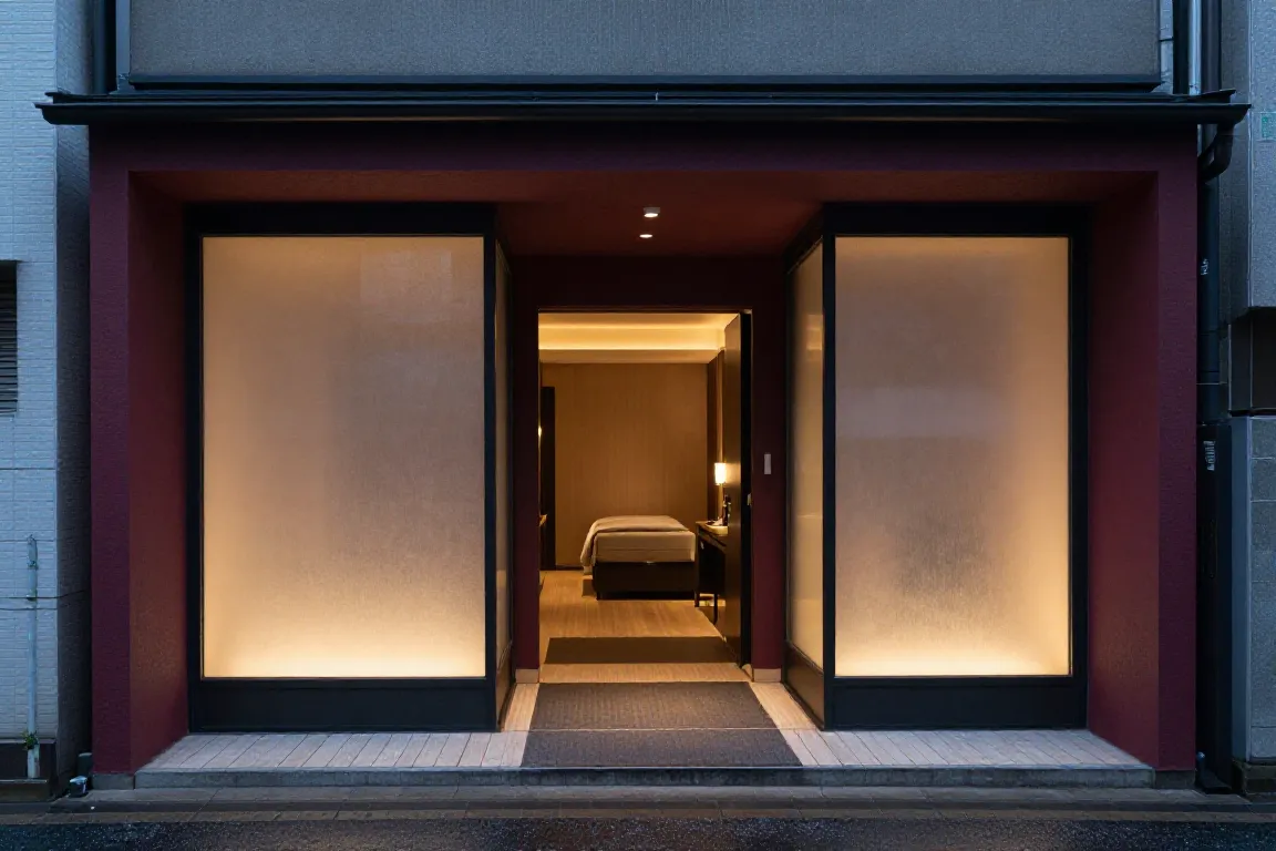 Entrée discrète et chambre privée évoquant le fonctionnement d’un love hotel japonais