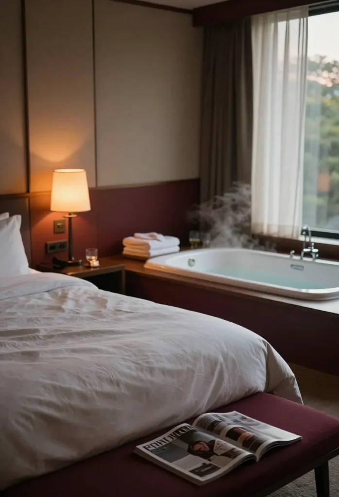 Chambre intime et bain privatif illustrant l’univers d’un love hotel japonais