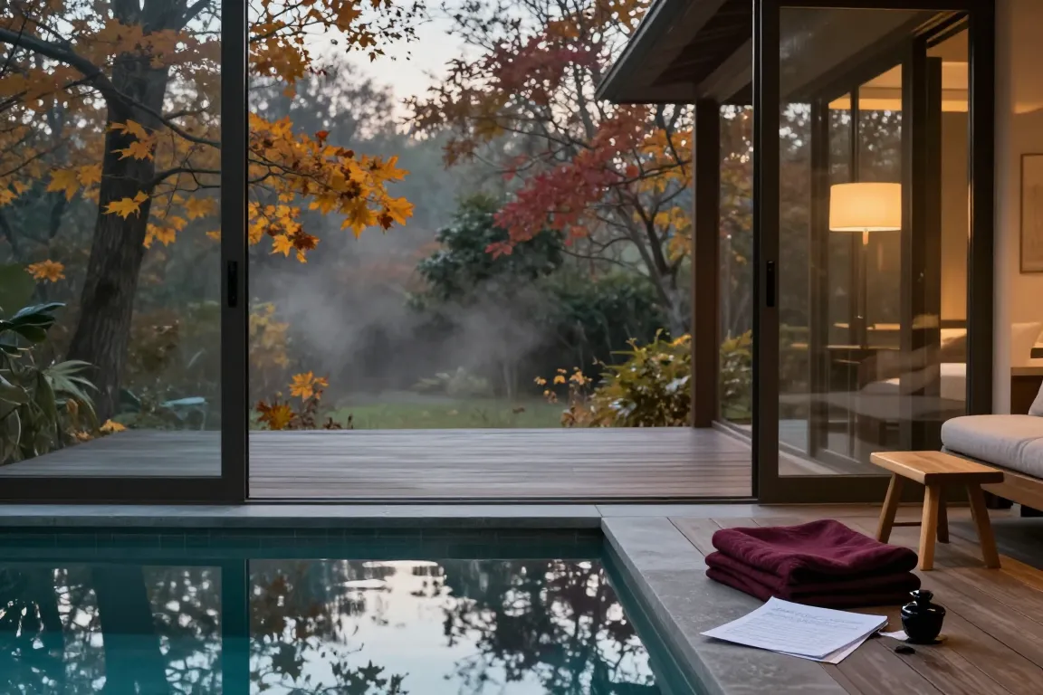 Piscine intérieure privée ouverte sur une terrasse automnale dans une love room avec piscine privative