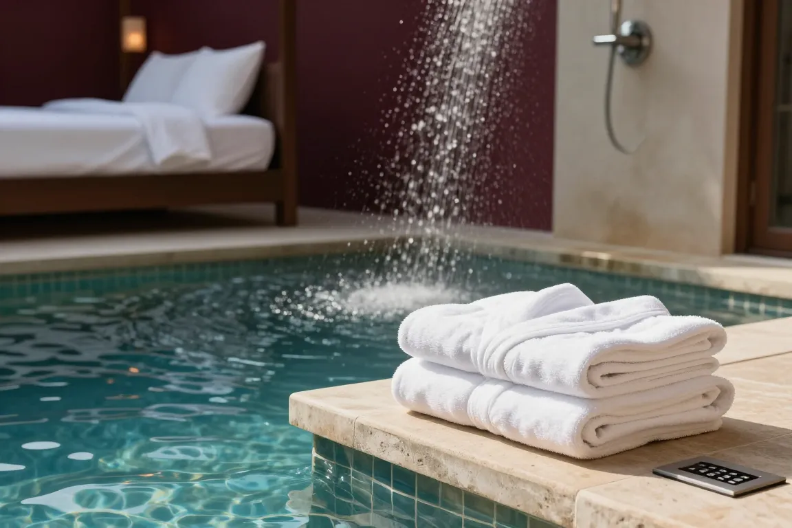 Suite avec piscine intérieure privée, douche et serviettes préparées pour une escapade romantique