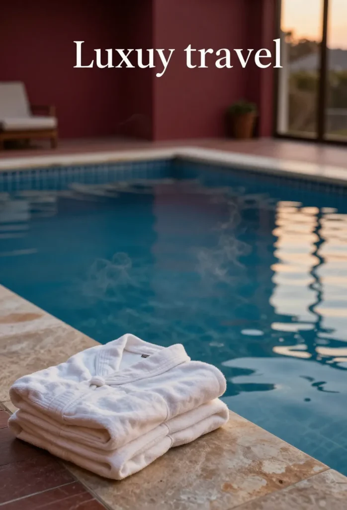 Love room avec piscine privative, bassin intérieur éclairé et peignoirs au bord de l’eau