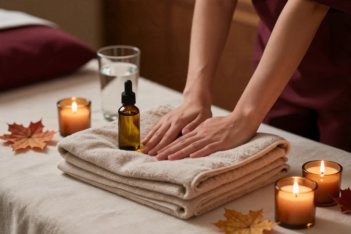 Préparation d'un massage en couple avec serviettes, huile, coussins et lumière ambrée.