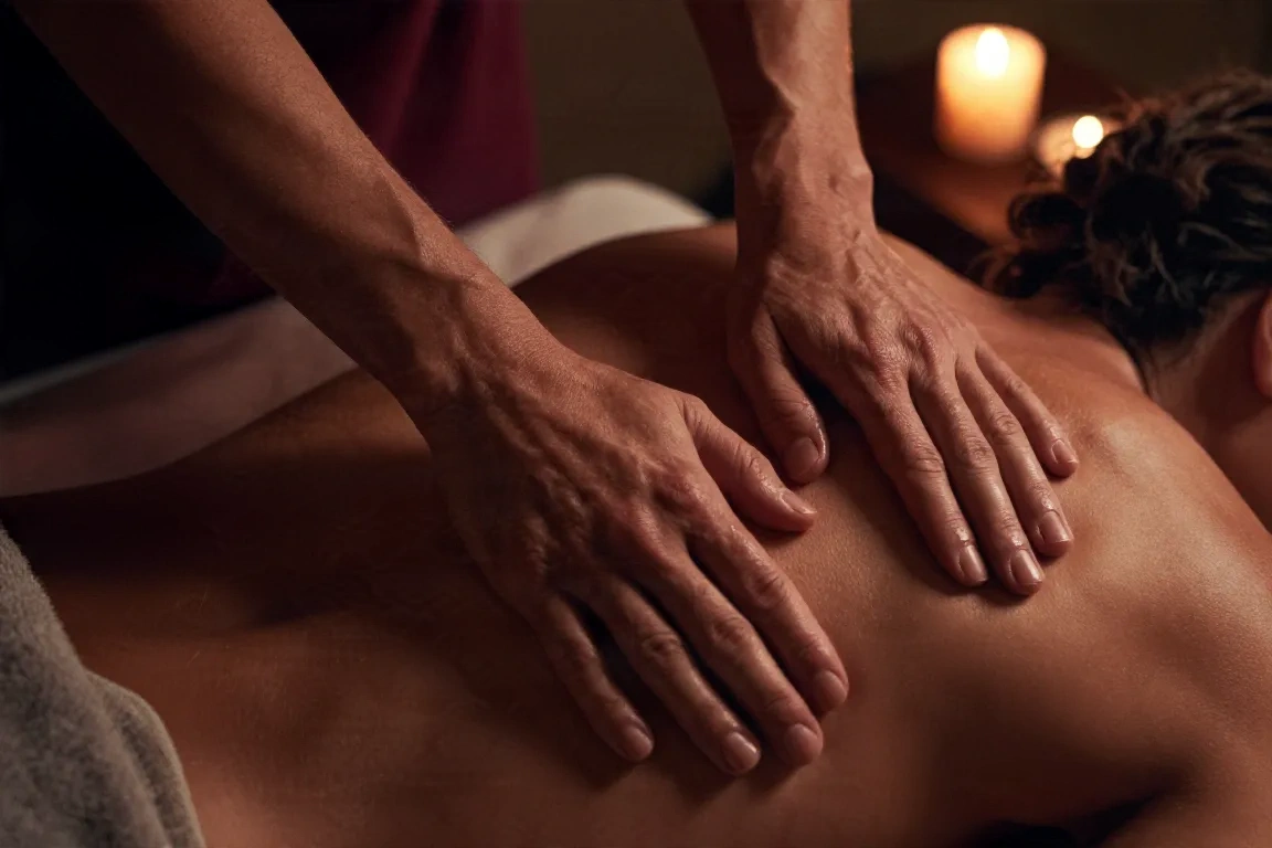 Massage relaxant à deux avec des gestes variés sur un dos, dans une lumière douce et chaleureuse.