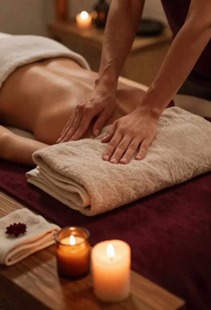 Massage en couple dans une ambiance chaleureuse, avec huile, serviettes et bougies sur une table en bois.