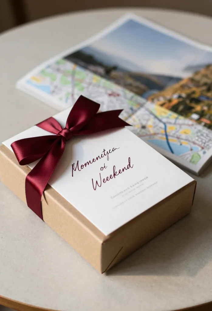 Offrir un week-end en amoureux avec une boîte cadeau, une carte et un ruban grenat