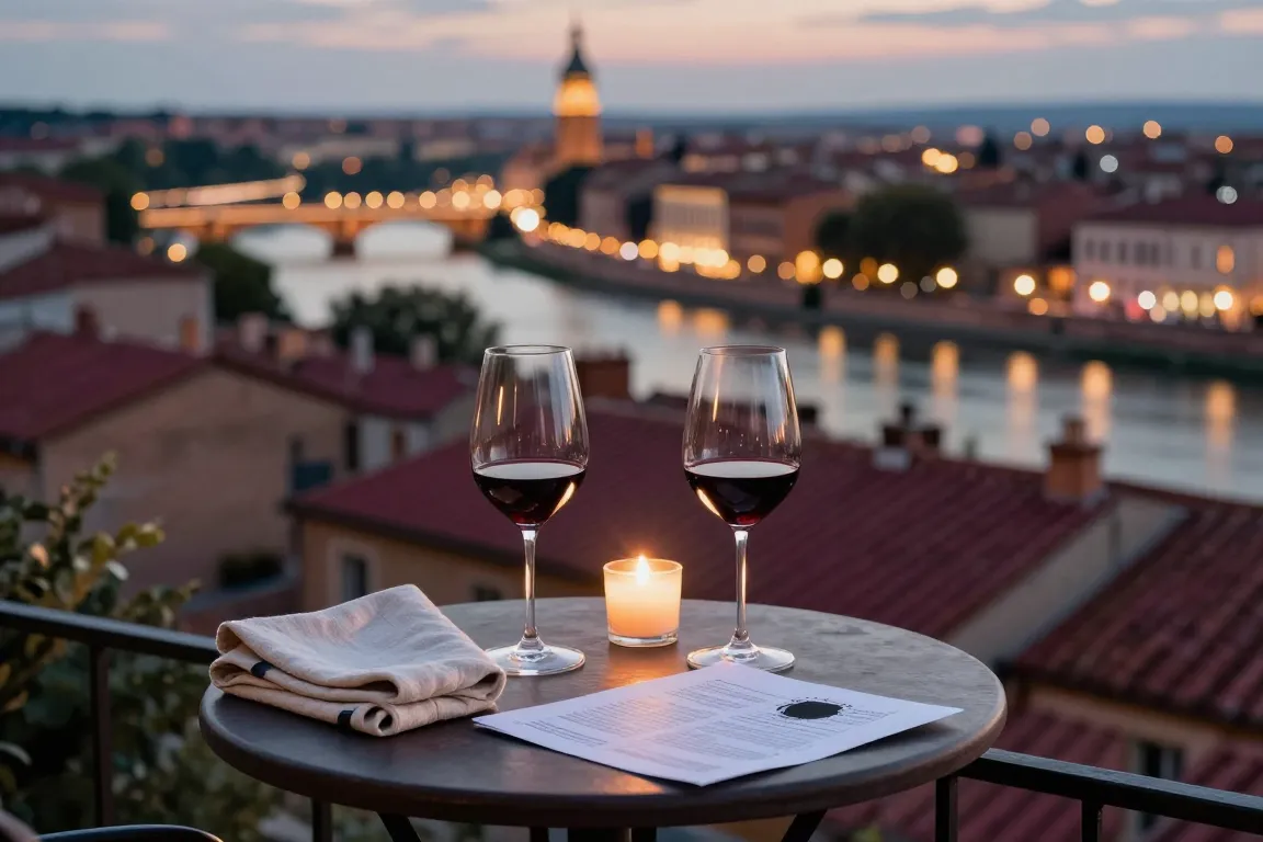 Soirée romantique à Toulouse avec deux verres et une vue sur les toits au crépuscule