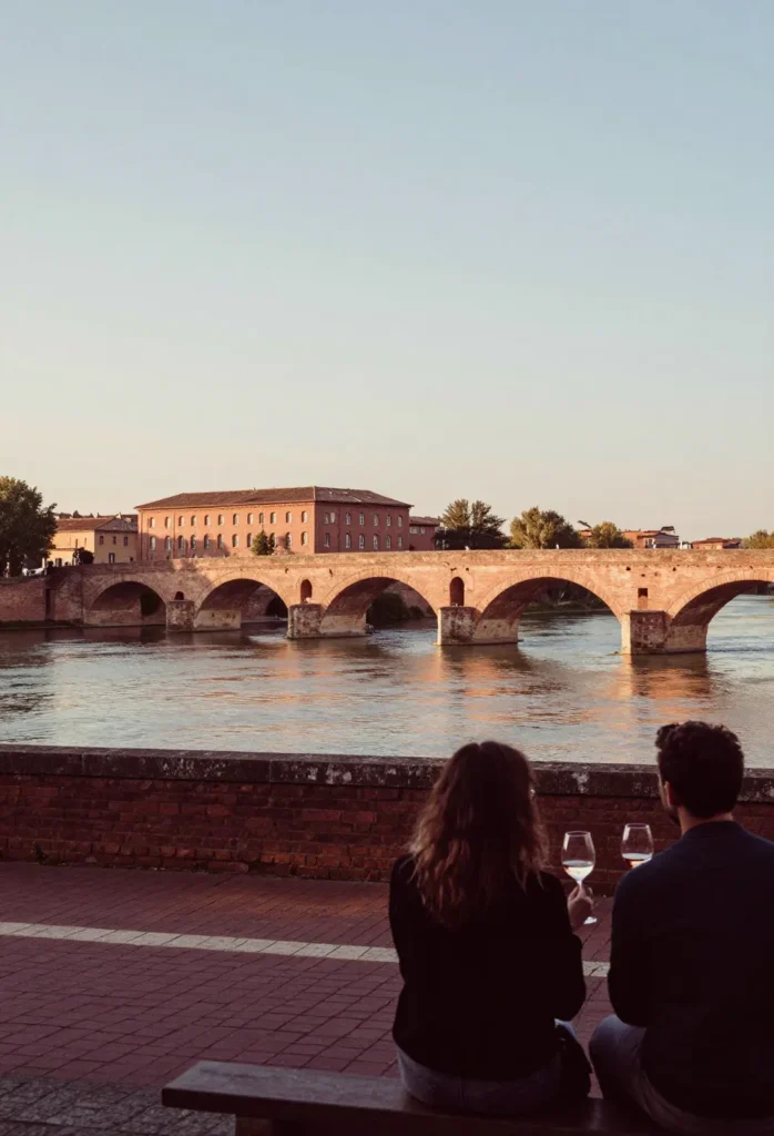 Que faire à Toulouse en amoureux : couple de dos sur les quais de la Garonne au coucher du soleil