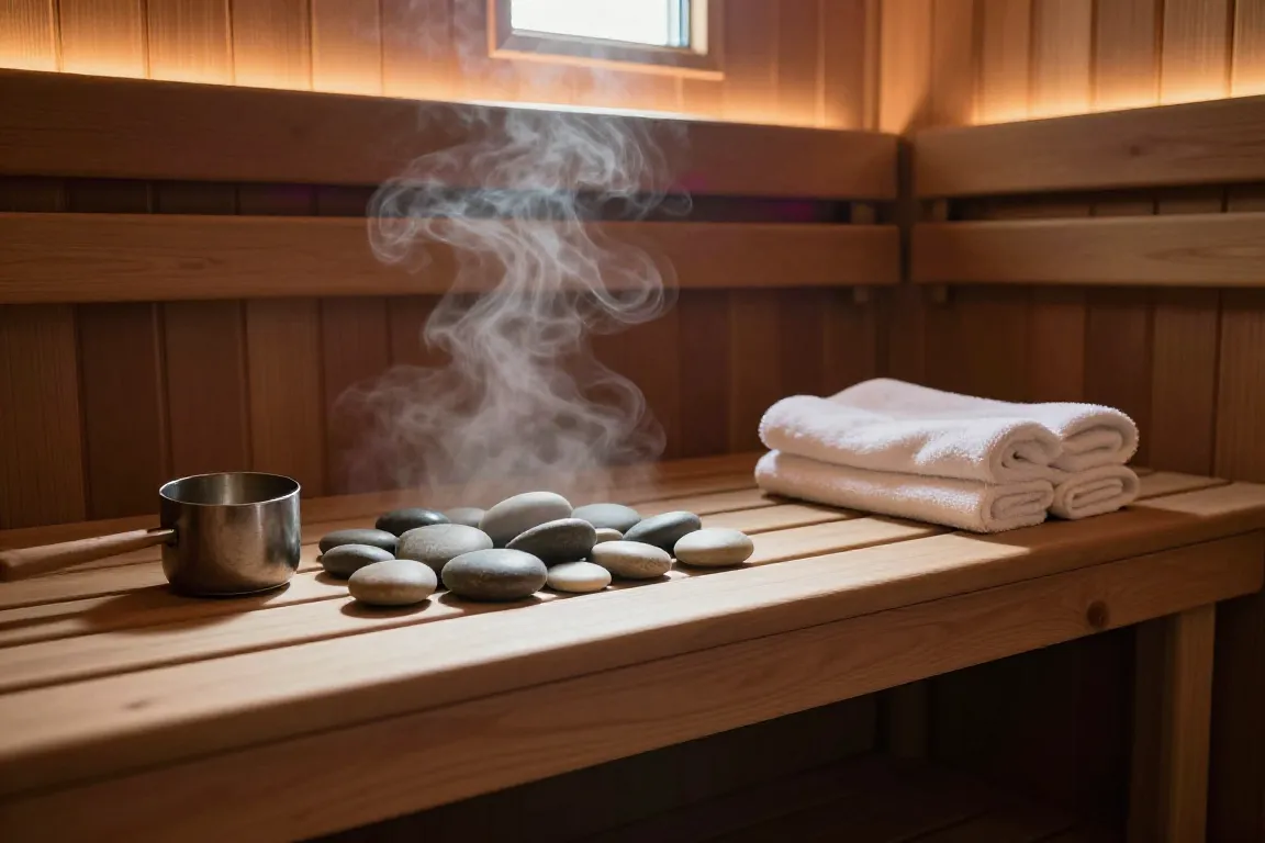 Sauna ou hammam : cabine de sauna privative avec pierres chaudes et serviettes