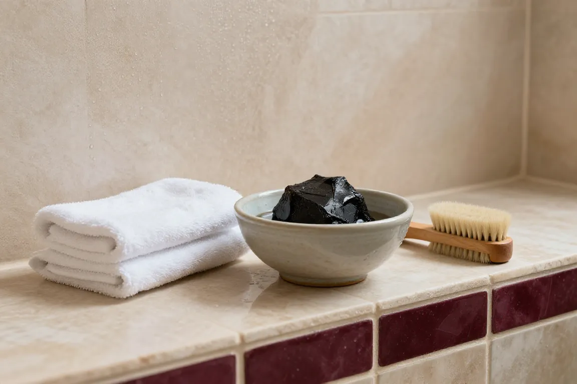 Rituel de soin dans un hammam avec savon noir, serviettes et vapeur douce