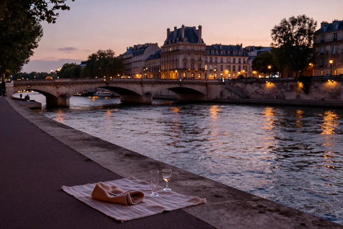 Week-end en amoureux paris au bord de la Seine, promenade sur les quais au crépuscule
